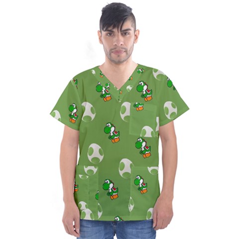 Yoshi Print, Super, Huevo, Game, Green, Egg, Mario Men s V-neck Scrub Top by nateshop