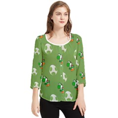 Yoshi Print, Super, Huevo, Game, Green, Egg, Mario Chiffon Quarter Sleeve Blouse by nateshop