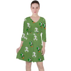 Yoshi Print, Super, Huevo, Game, Green, Egg, Mario Quarter Sleeve Ruffle Waist Dress by nateshop