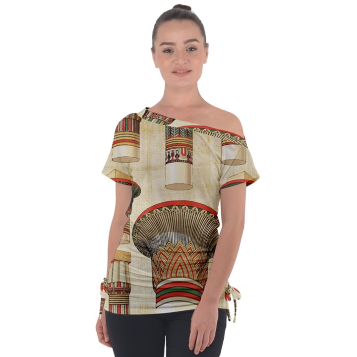 Egyptian Architecture Column Off Shoulder Tie-Up T-Shirt