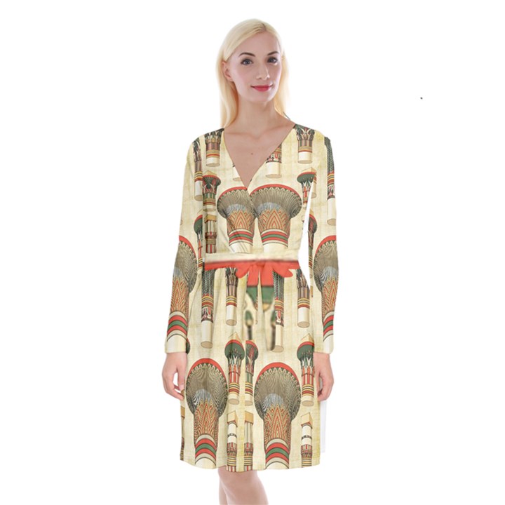 Egyptian Architecture Column Long Sleeve Velvet Front Wrap Dress