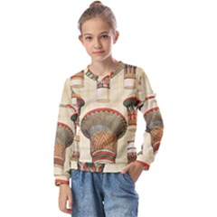 Egyptian Architecture Column Kids  Long Sleeve T-shirt With Frill 