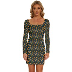 Flower Long Sleeve Square Neck Bodycon Velvet Dress by zappwaits