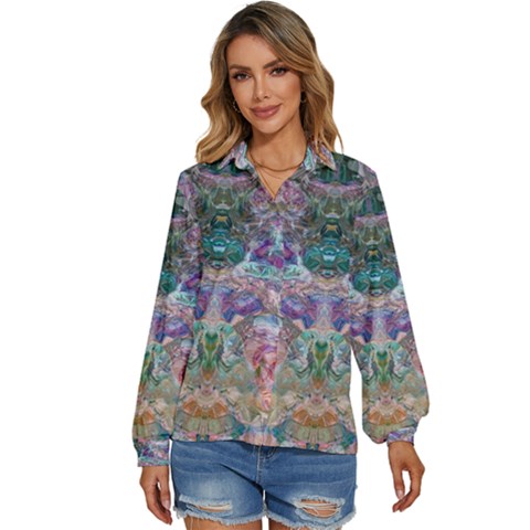 Spring Arabesque Women s Long Sleeve Button Up Shirt by kaleidomarblingart