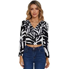 Zebra-black White Long Sleeve V-neck Top