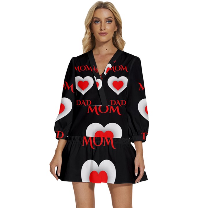 Mom And Dad, Father, Feeling, I Love You, Love V-Neck Placket Mini Dress