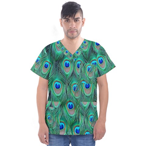 Feather, Bird, Pattern, Peacock, Texture Men s V-neck Scrub Top by nateshop