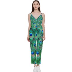 Feather, Bird, Pattern, Peacock, Texture V-neck Camisole Jumpsuit