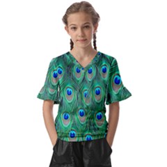 Feather, Bird, Pattern, Peacock, Texture Kids  V-neck Horn Sleeve Blouse by nateshop