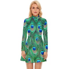 Feather, Bird, Pattern, Peacock, Texture Long Sleeve Velour Longline Dress