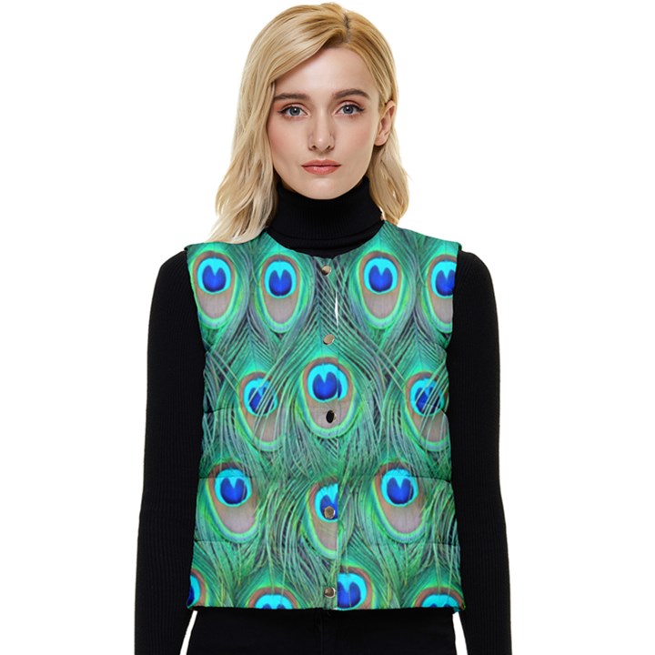 Feather, Bird, Pattern, Peacock, Texture Women s Button Up Puffer Vest