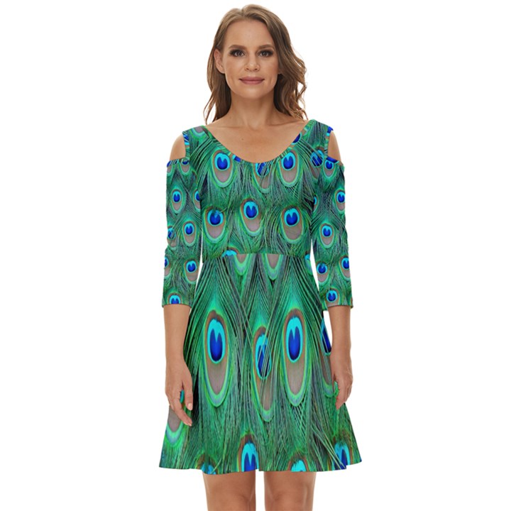 Feather, Bird, Pattern, Peacock, Texture Shoulder Cut Out Zip Up Dress