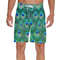 Feather, Bird, Pattern, Peacock, Texture Men s Beach Shorts