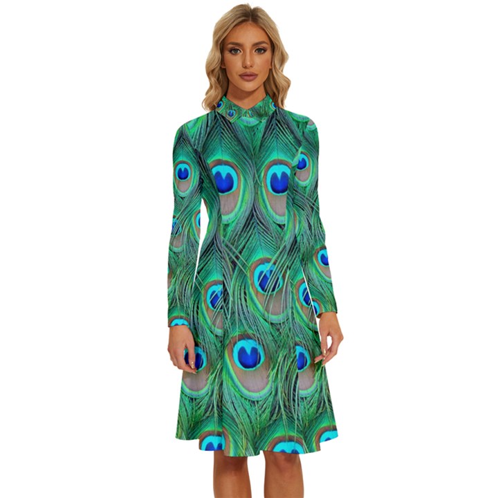 Feather, Bird, Pattern, Peacock, Texture Long Sleeve Shirt Collar A-Line Dress