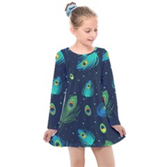 Feather, Bird, Pattern, Kids  Long Sleeve Dress by nateshop