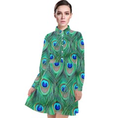 Peacock Feathers, Bonito, Bird, Blue, Colorful, Feathers Long Sleeve Chiffon Shirt Dress