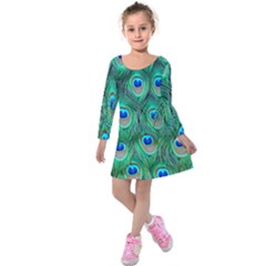 Peacock Feathers, Bonito, Bird, Blue, Colorful, Feathers Kids  Long Sleeve Velvet Dress by nateshop