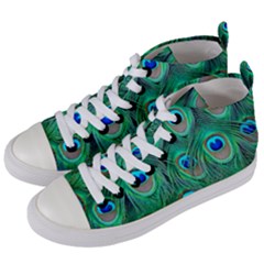 Peacock Feathers, Bonito, Bird, Blue, Colorful, Feathers Women s Mid-top Canvas Sneakers by nateshop