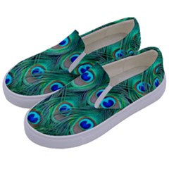 Peacock Feathers, Bonito, Bird, Blue, Colorful, Feathers Kids  Canvas Slip Ons by nateshop