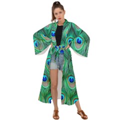 Peacock Feathers, Bonito, Bird, Blue, Colorful, Feathers Maxi Kimono by nateshop