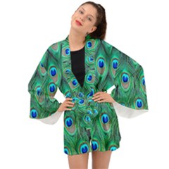 Peacock Feathers, Bonito, Bird, Blue, Colorful, Feathers Long Sleeve Kimono