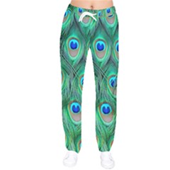 Peacock Feathers, Bonito, Bird, Blue, Colorful, Feathers Women Velvet Drawstring Pants by nateshop