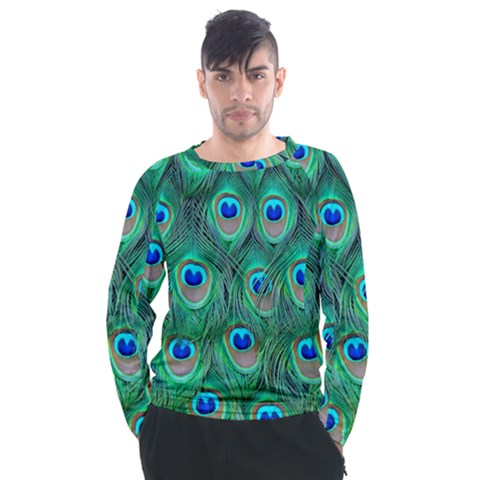 Peacock Feathers, Bonito, Bird, Blue, Colorful, Feathers Men s Long Sleeve Raglan T-shirt by nateshop