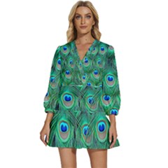 Peacock Feathers, Bonito, Bird, Blue, Colorful, Feathers V-neck Placket Mini Dress by nateshop