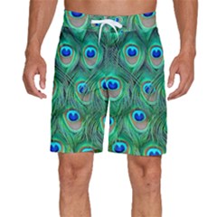 Peacock Feathers, Bonito, Bird, Blue, Colorful, Feathers Men s Beach Shorts by nateshop