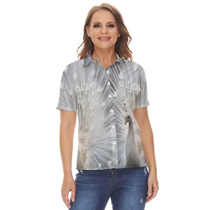 White Feathers, Animal, Bird, Feather, Peacock Women s Short Sleeve Double Pocket Shirt