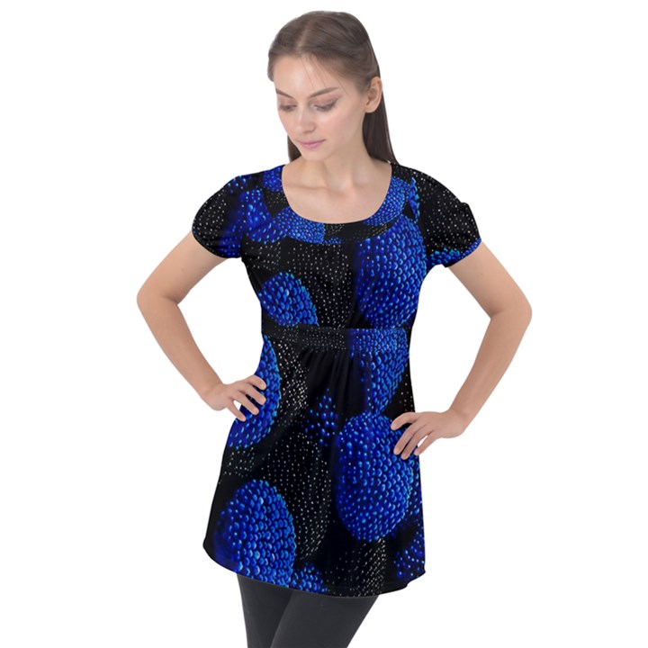 Berry, One,berry Blue Black Puff Sleeve Tunic Top