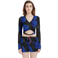 Berry, One,berry Blue Black Velvet Wrap Crop Top And Shorts Set by nateshop