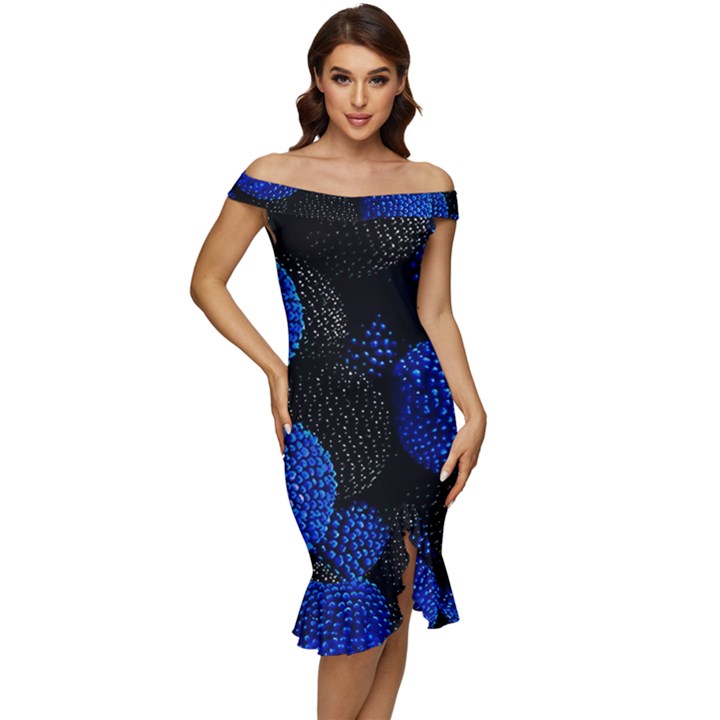 Berry, One,berry Blue Black Off Shoulder Ruffle Split Hem Bodycon Dress