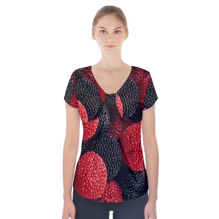 Berry,curved, Edge, Short Sleeve Front Detail Top