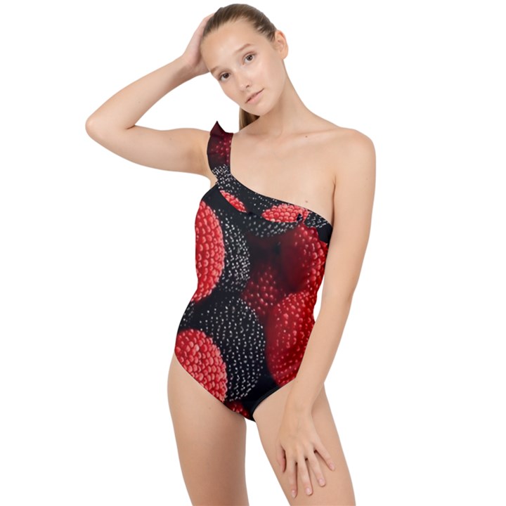 Berry,curved, Edge, Frilly One Shoulder Swimsuit