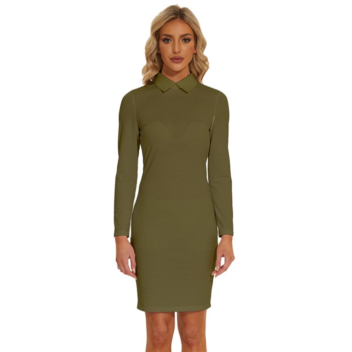 Brown, Color, Background, Monochrome, Minimalism Long Sleeve Shirt Collar Bodycon Dress