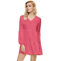 Pink, Color, Background, Monochromic, Minimalism Tiered Long Sleeve Mini Dress by nateshop