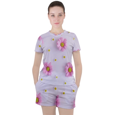 Springpurple Flower On A Purple Background Women s T-shirt And Shorts Set by nateshop