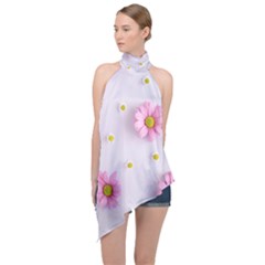 Springpurple Flower On A Purple Background Halter Asymmetric Satin Top