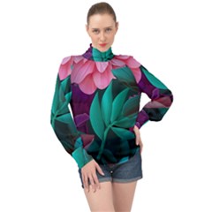 Flowers, Mate, Pink, Purple, Stock Wall High Neck Long Sleeve Chiffon Top by nateshop