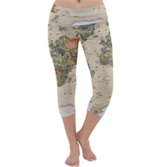 Vintage World Map Aesthetic Capri Yoga Leggings by Cemarart