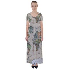 Vintage World Map Aesthetic High Waist Short Sleeve Maxi Dress by Cemarart