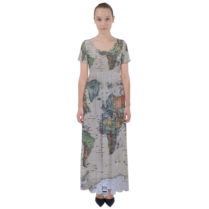 Vintage World Map Aesthetic High Waist Short Sleeve Maxi Dress