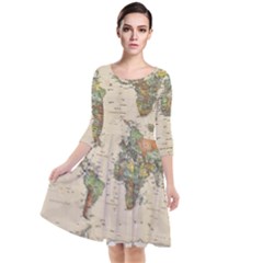 Vintage World Map Aesthetic Quarter Sleeve Waist Band Dress by Cemarart