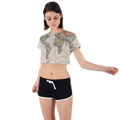 Vintage World Map Aesthetic Tie Back Short Sleeve Crop T-shirt by Cemarart