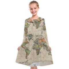 Vintage World Map Aesthetic Kids  Midi Sailor Dress by Cemarart