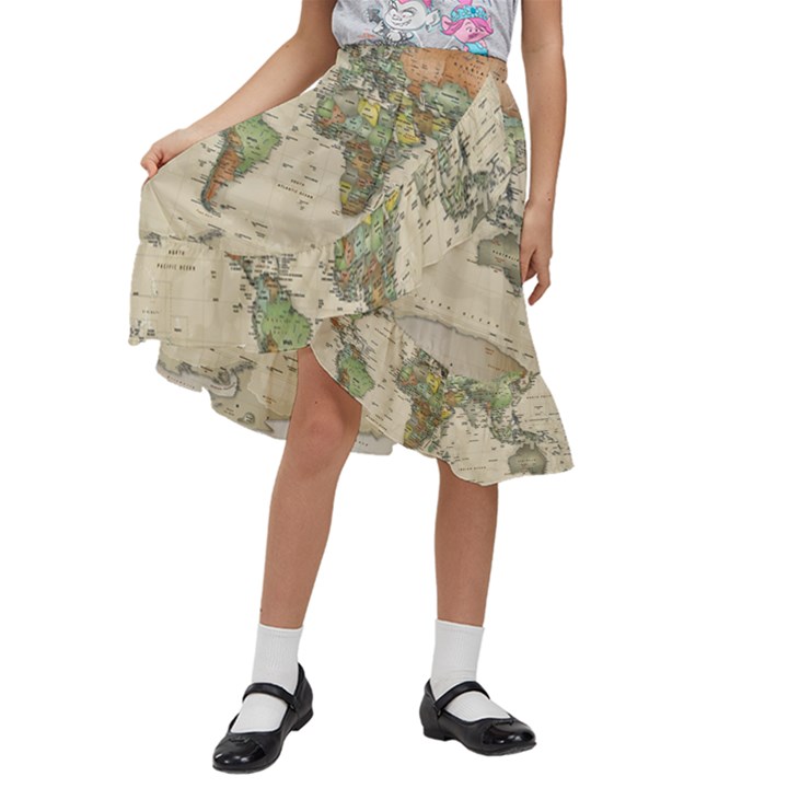 Vintage World Map Aesthetic Kids  Ruffle Flared Wrap Midi Skirt