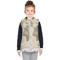 Vintage World Map Aesthetic Kids  Hooded Puffer Vest by Cemarart