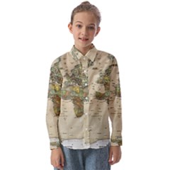 Vintage World Map Aesthetic Kids  Long Sleeve Shirt by Cemarart