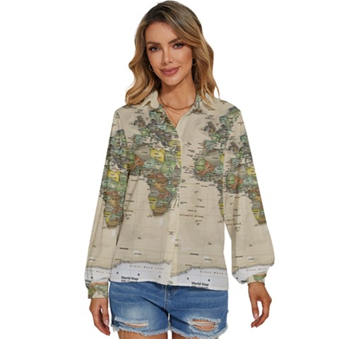 Vintage World Map Aesthetic Women s Long Sleeve Button Up Shirt by Cemarart